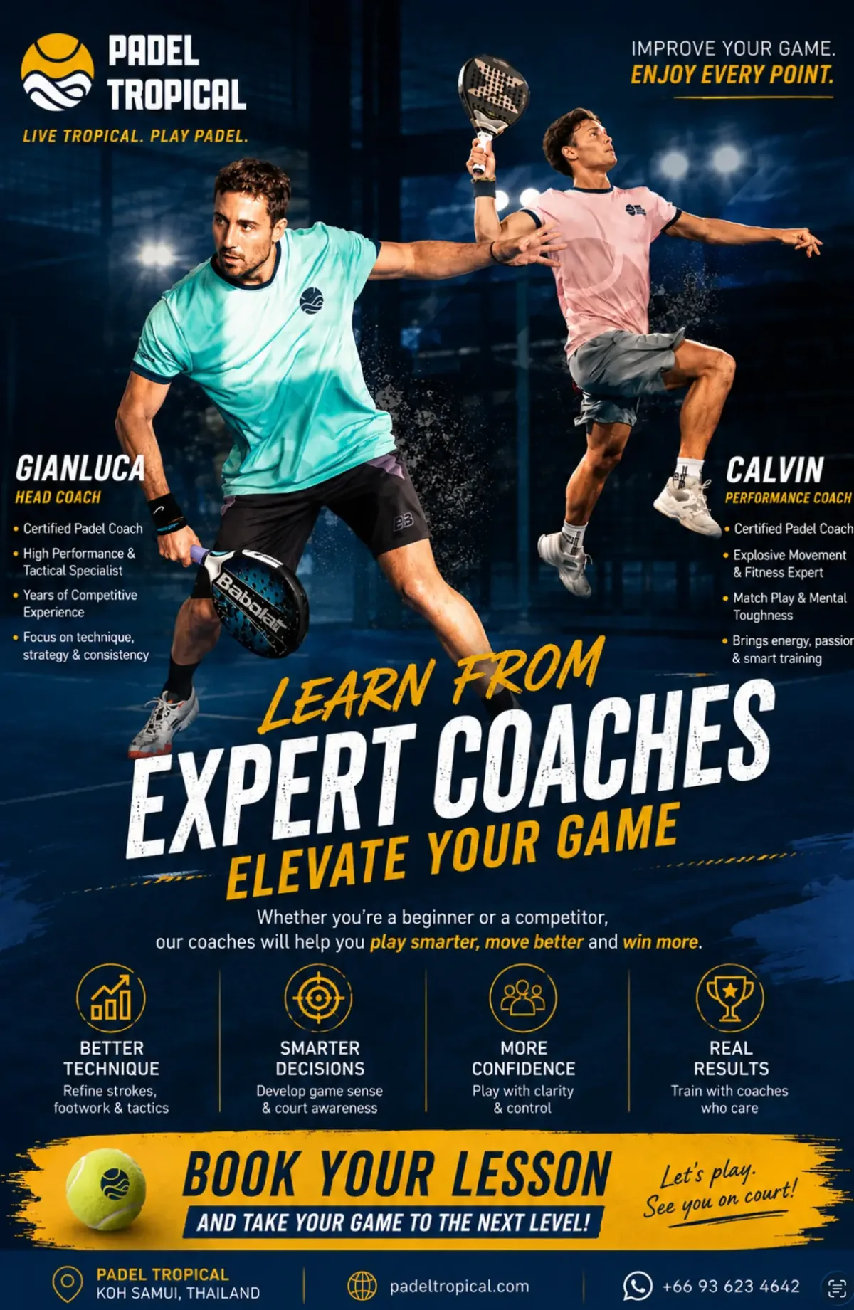 Expert padel coaches Gianluca and Calvin at Padel Tropical Koh Samui