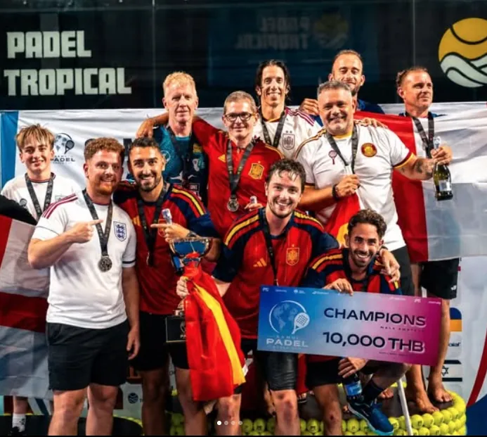 Group event champions celebrating with a trophy at Padel Tropical Koh Samui